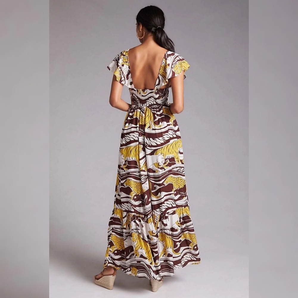 By Anthropologie Ruffle Strap Maxi Dress Brown Motif Women's Size XL Petite - Picture 2 of 12